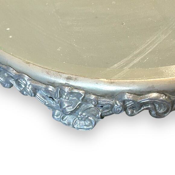 Antique Silver Footed Plateau Mirror Round 10" Beveled Vanity Stand - Picture 2 of 5